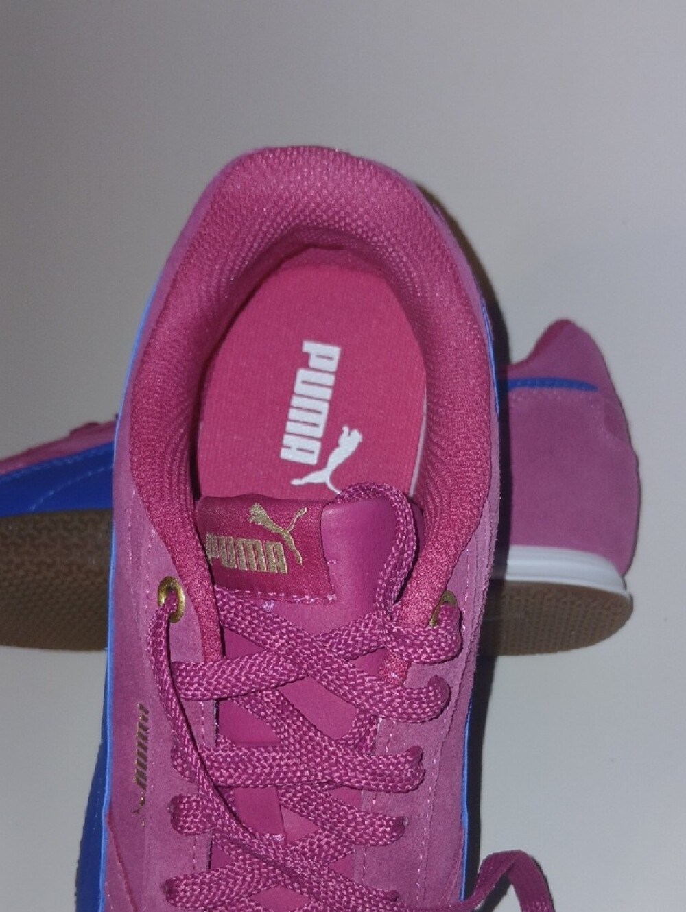 Puma Pink Suede Sneakers with Blue Formstripe and Gold Accents - Picture 4 of 6